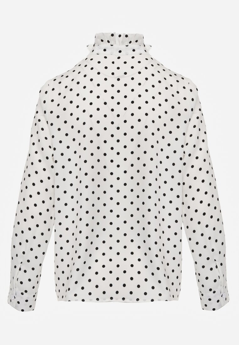 Biała Wiskozowa Koszula w Kropki ze Stójką z Ozdobnymi Falbanami Isamene