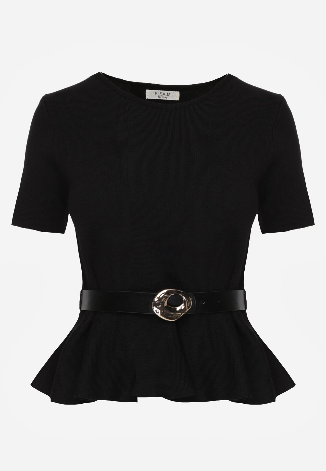 Czarna Bluzka Dzianinowa z Baskinką i Paskiem Lyvara