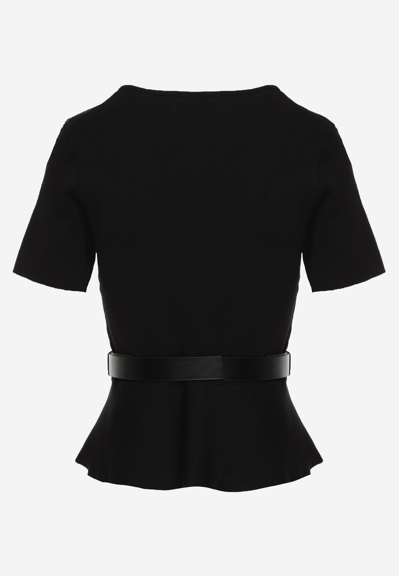 Czarna Bluzka Dzianinowa z Baskinką i Paskiem Lyvara