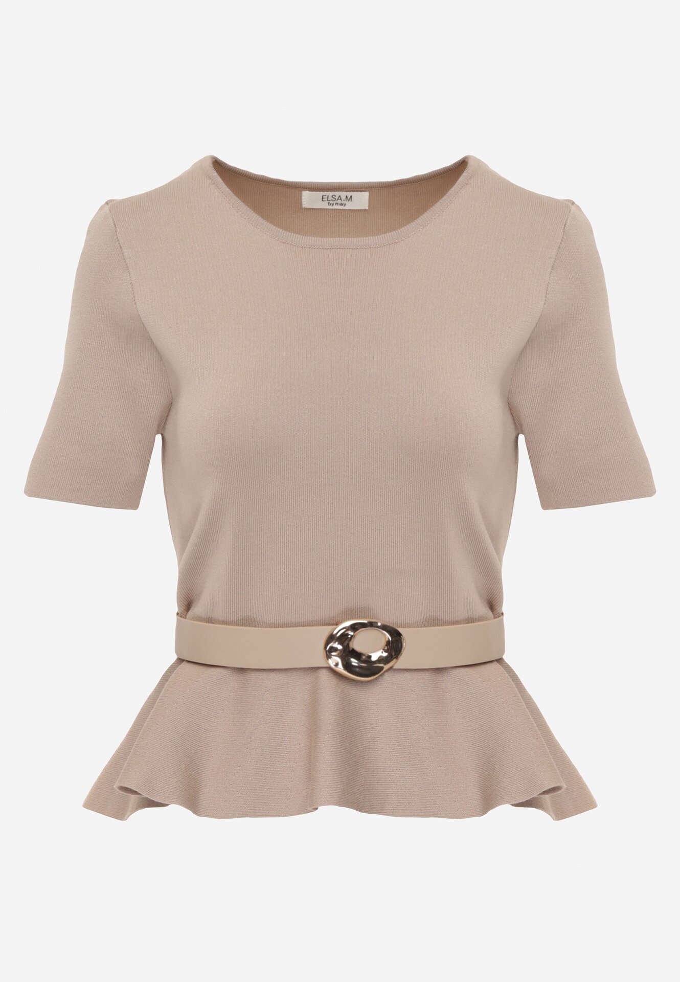 Beżowa Bluzka Dzianinowa z Baskinką i Paskiem Lyvara