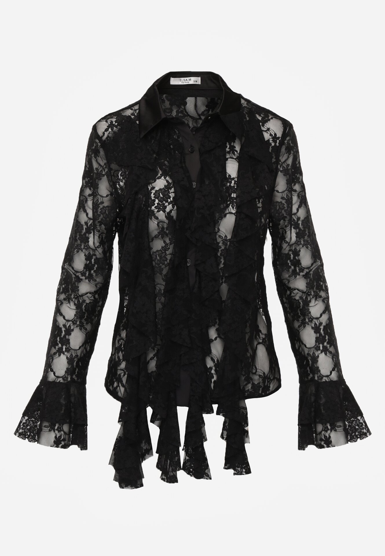 Czarna Koszula Koronkowa z Wiskozy z Bawełną Ozdobiona Falbanami Hermerine