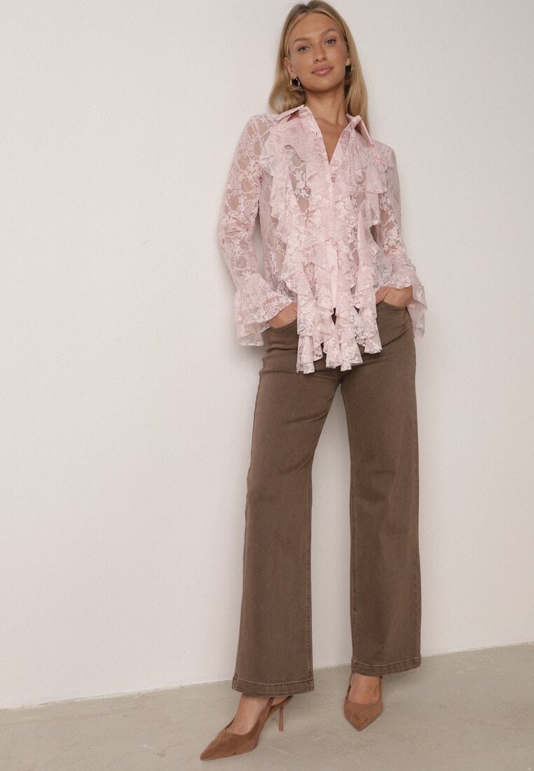 Różowa Koszula Koronkowa z Wiskozy z Bawełną Ozdobiona Falbanami Hermerine