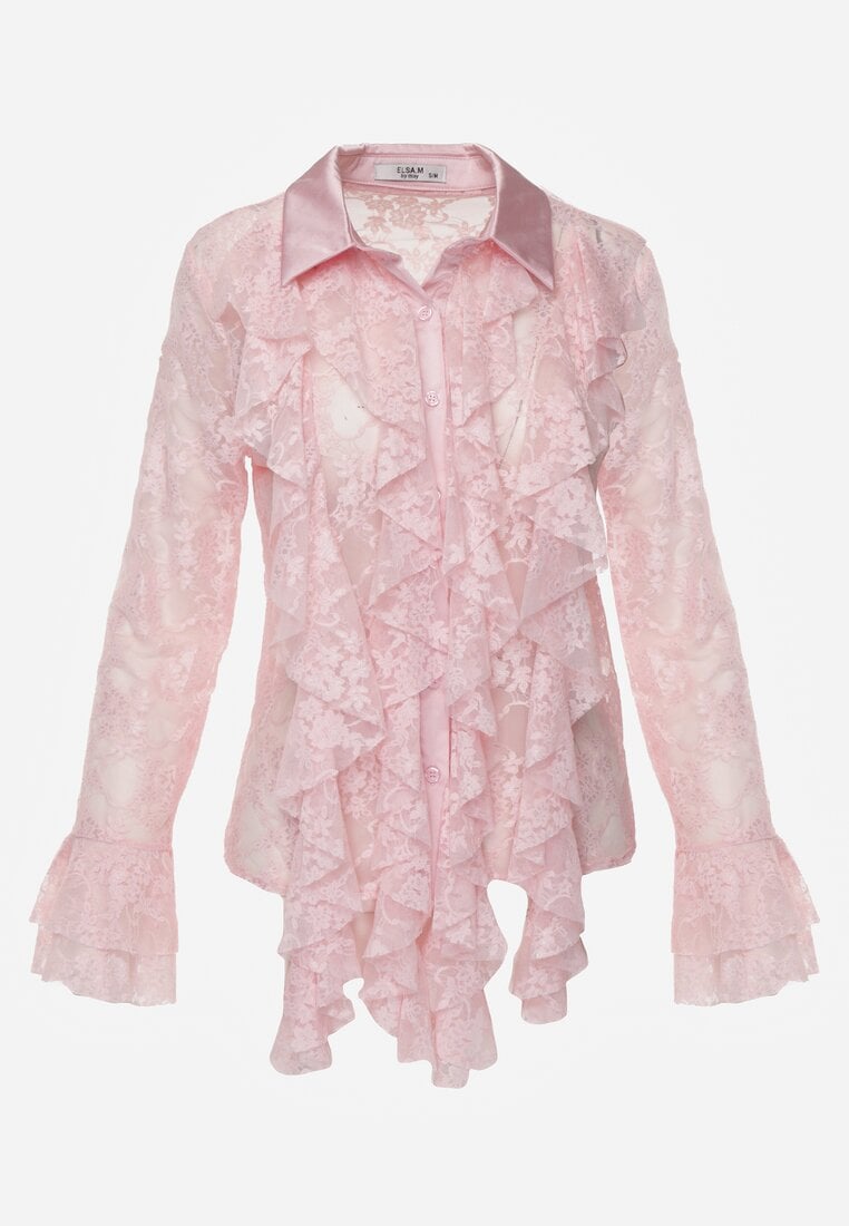 Różowa Koszula Koronkowa z Wiskozy z Bawełną Ozdobiona Falbanami Hermerine