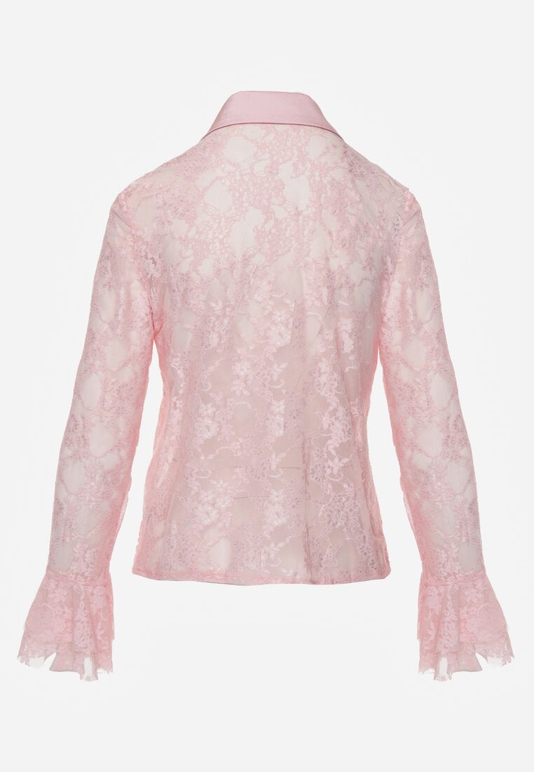 Różowa Koszula Koronkowa z Wiskozy z Bawełną Ozdobiona Falbanami Hermerine