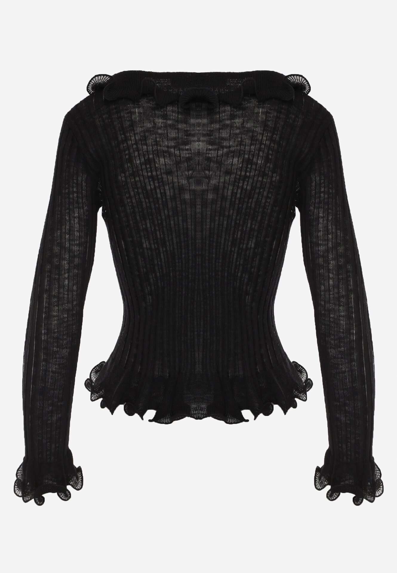 Czarna Prążkowana Bluzka z Wiskozą Ozdobiona Falbanami Pronasia