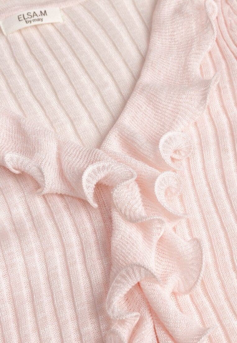 Różowa Prążkowana Bluzka z Wiskozą Ozdobiona Falbanami Pronasia