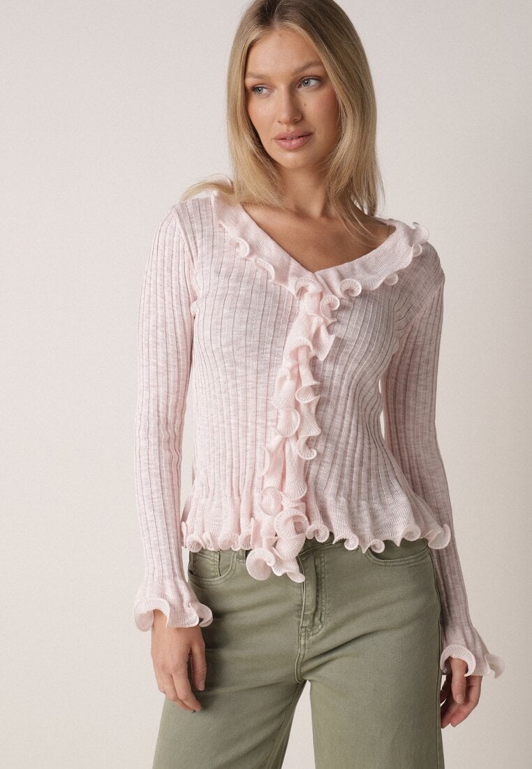 Różowa Prążkowana Bluzka z Wiskozą Ozdobiona Falbanami Pronasia