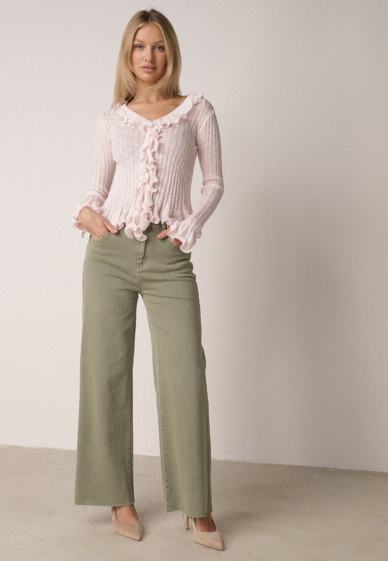 Różowa Prążkowana Bluzka z Wiskozą Ozdobiona Falbanami Pronasia