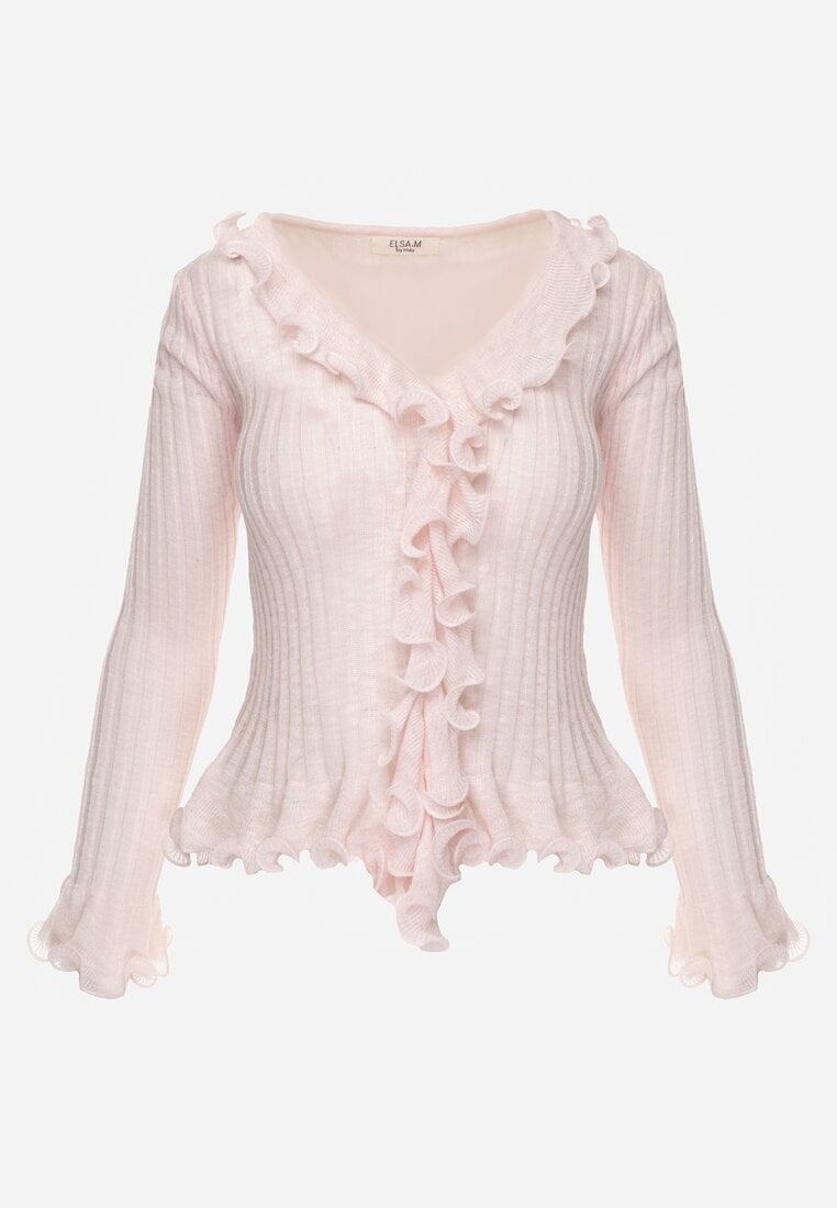 Różowa Prążkowana Bluzka z Wiskozą Ozdobiona Falbanami Pronasia