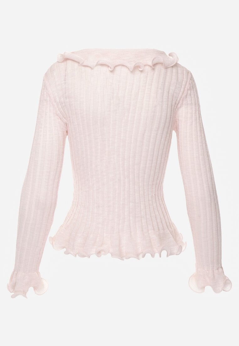 Różowa Prążkowana Bluzka z Wiskozą Ozdobiona Falbanami Pronasia