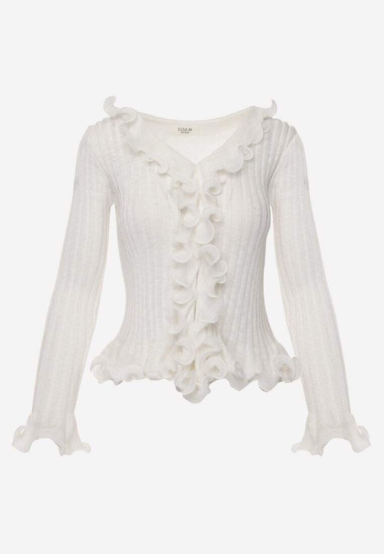 Biała Prążkowana Bluzka z Wiskozą Ozdobiona Falbanami Pronasia