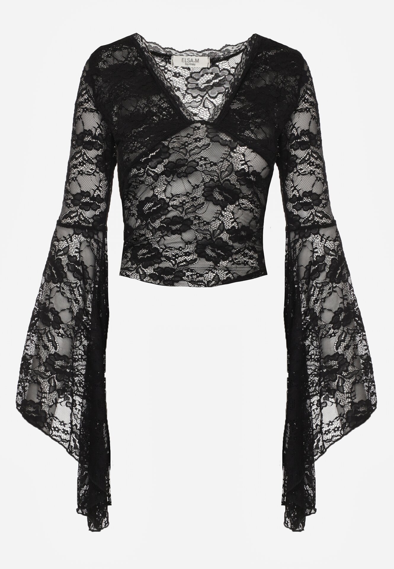 Czarna Koronkowa Bluzka z Rozkloszowanymi Długimi Rękawami Ablea