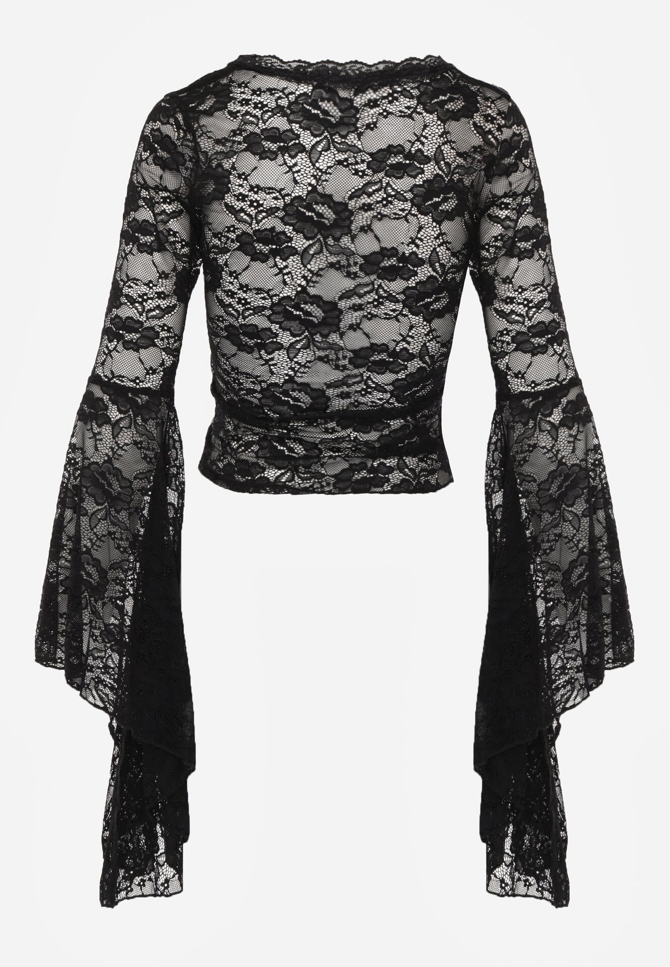 Czarna Koronkowa Bluzka z Rozkloszowanymi Długimi Rękawami Ablea