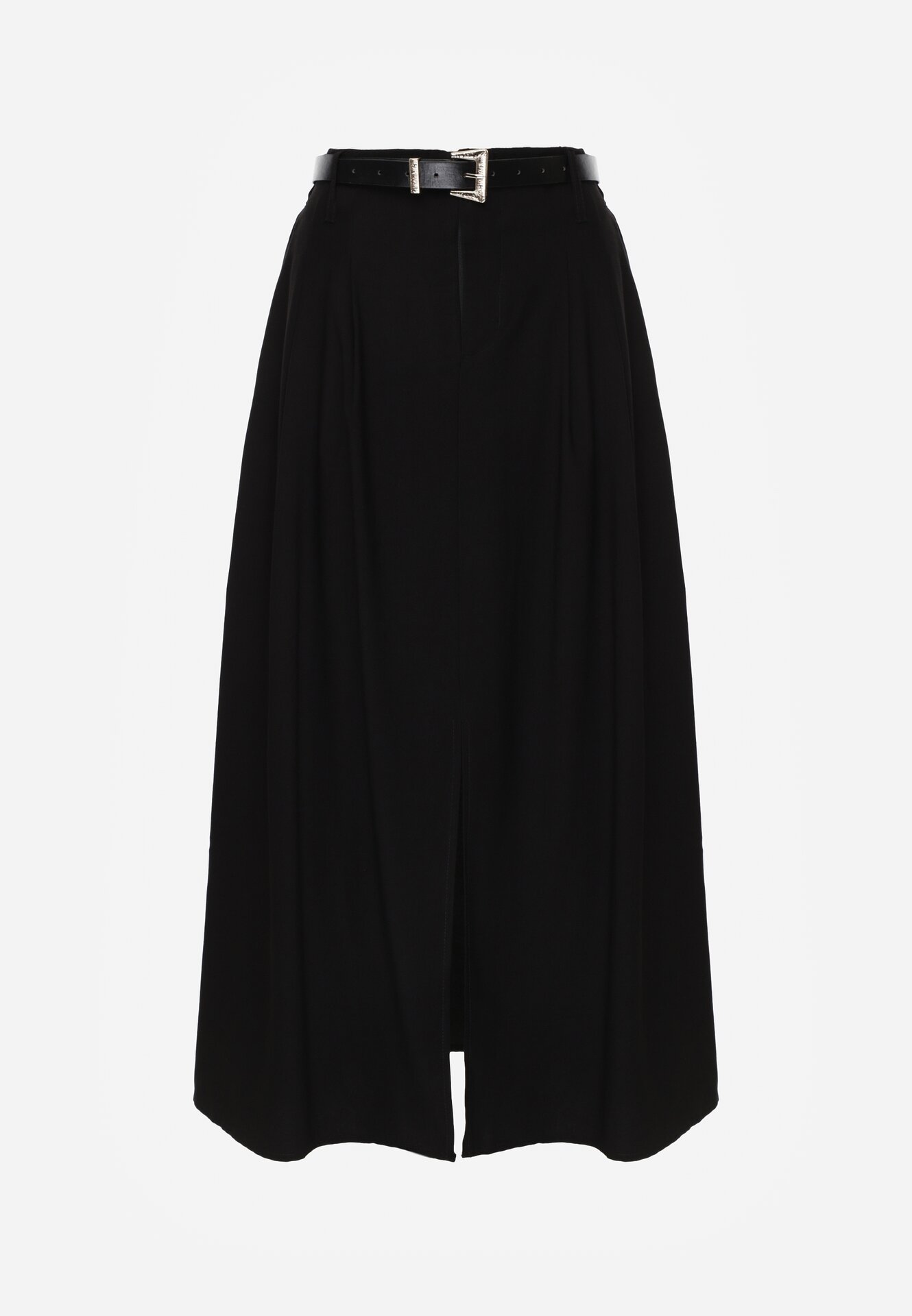 Czarna Wiskozowa Spódnica o Rozkloszowanym Kroju z Rozcięciem i Paskiem Jaelia