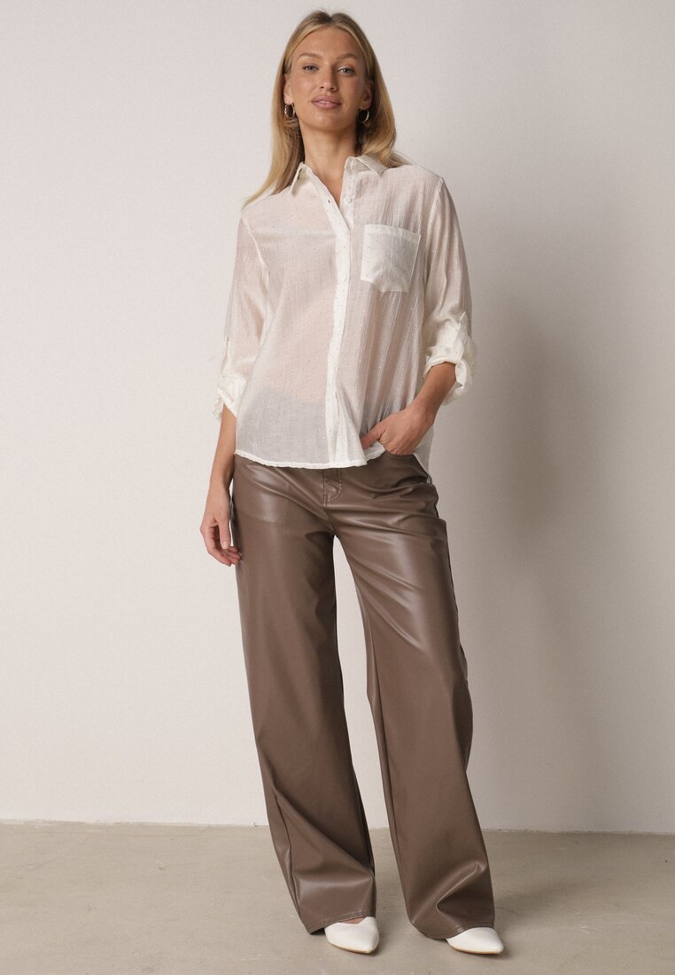 Jasnobeżowa Transparentna Koszula Ozdobiona Cyrkoniami Clymadia