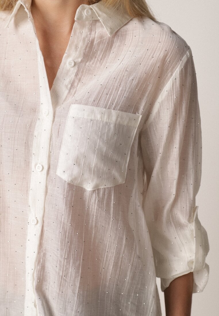 Jasnobeżowa Transparentna Koszula Ozdobiona Cyrkoniami Clymadia