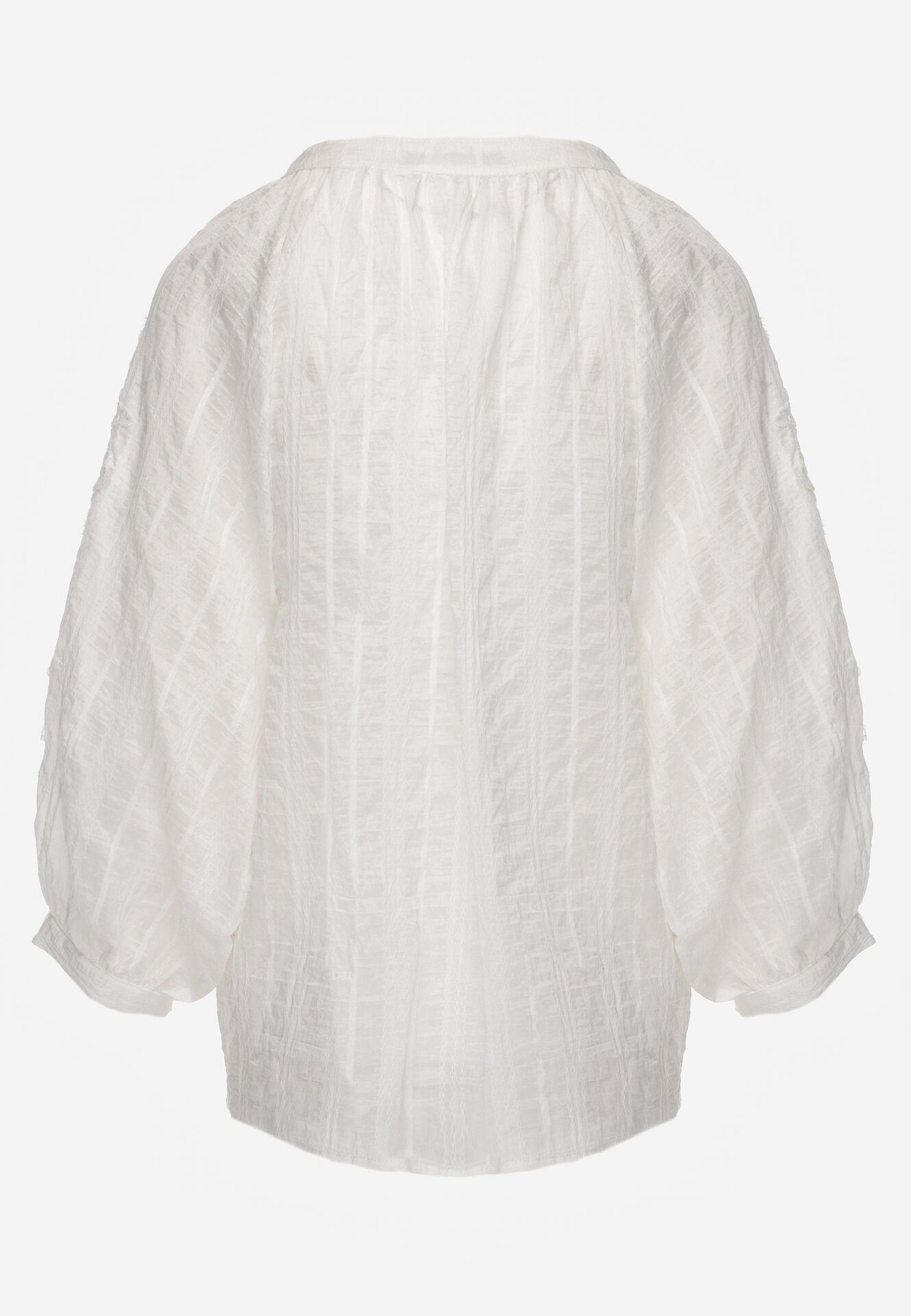 Biała Rustykalna Bluzka z Tencelu Ozdobiona Wiązaniem Koronką i Koralikami Sachi