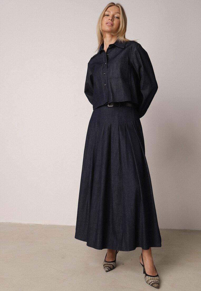 Granatowy Bawełniano-Wiskozowy Komplet z Imitacji Jeansu Spódnica i Koszula  Peshophi
