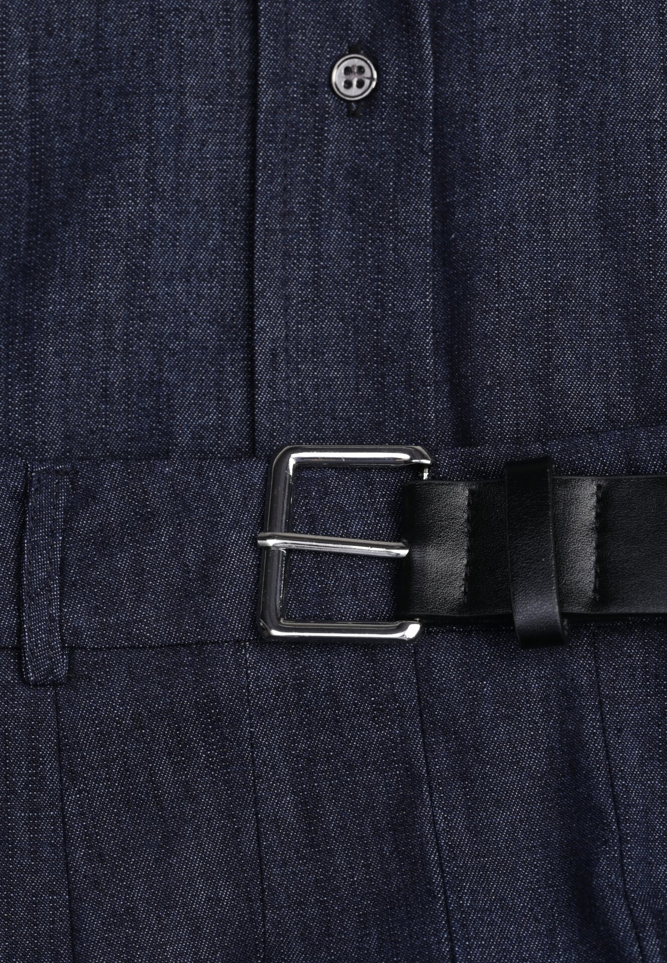 Granatowy Bawełniano-Wiskozowy Komplet z Imitacji Jeansu Spódnica z Paskiem i Koszula Peshophi