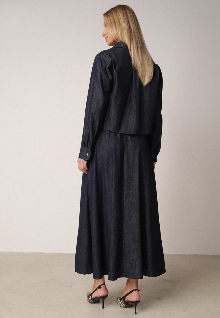 Granatowy Bawełniano-Wiskozowy Komplet z Imitacji Jeansu Spódnica i Koszula  Peshophi