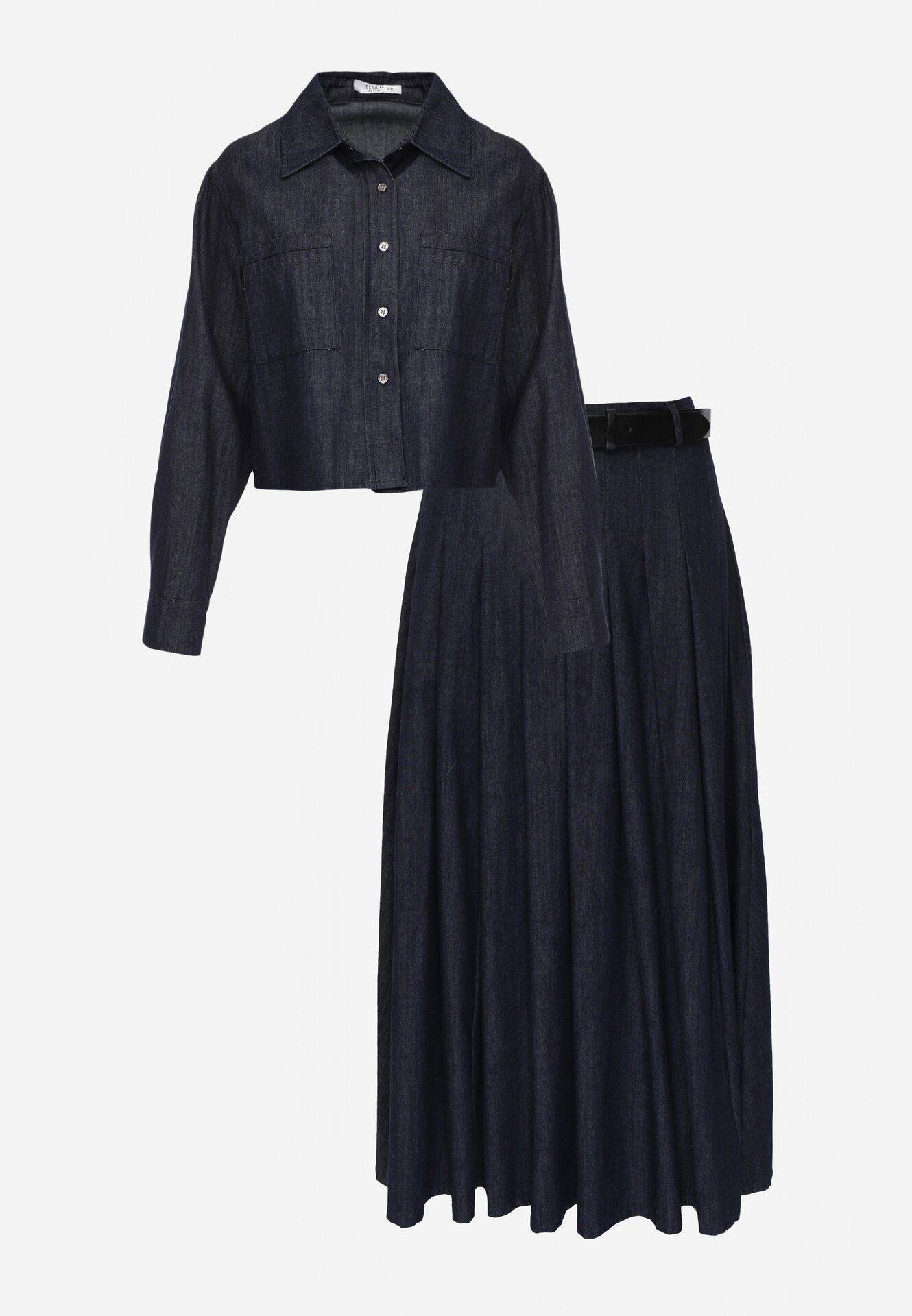 Granatowy Bawełniano-Wiskozowy Komplet z Imitacji Jeansu Spódnica z Paskiem i Koszula Peshophi