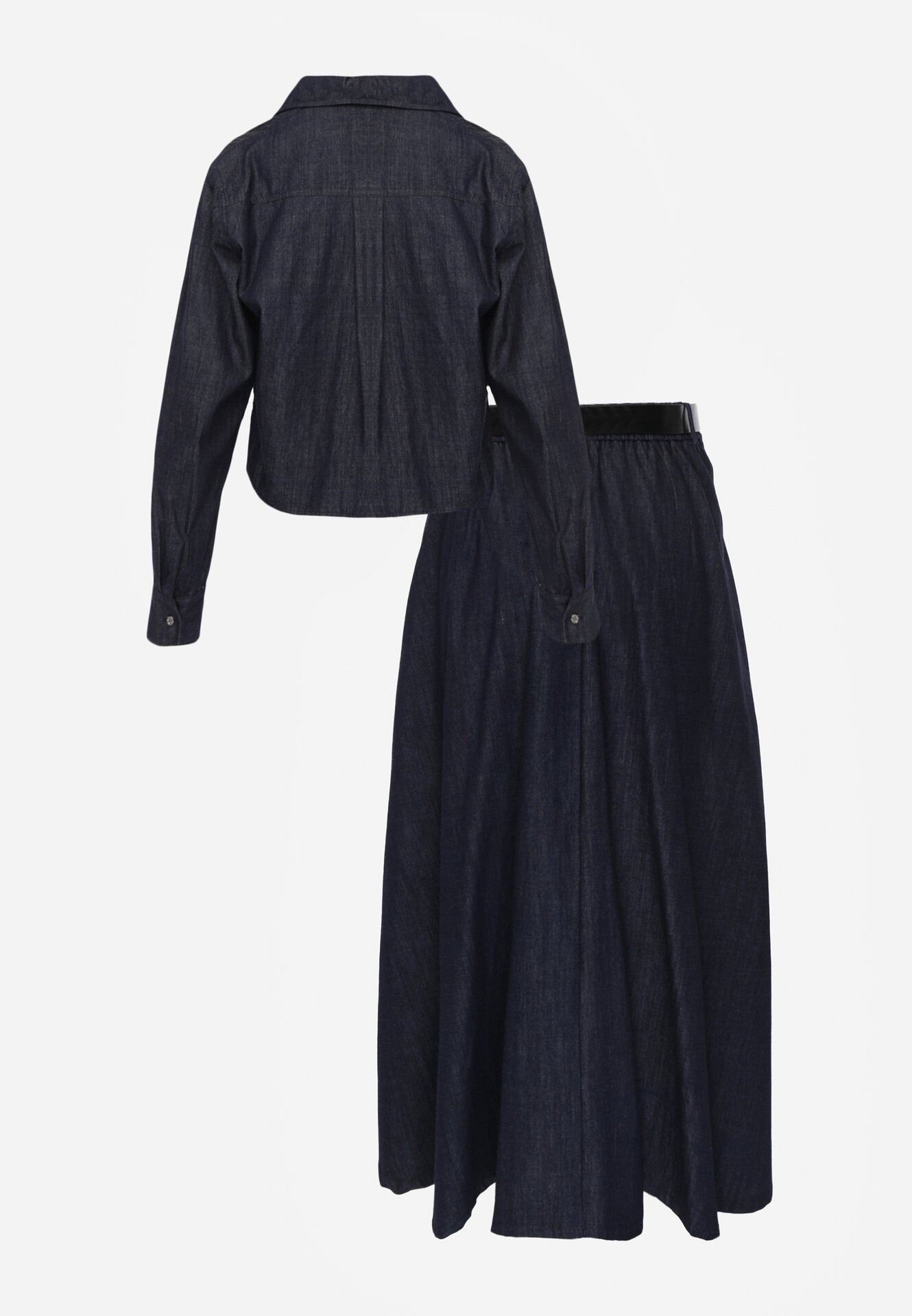 Granatowy Bawełniano-Wiskozowy Komplet z Imitacji Jeansu Spódnica z Paskiem i Koszula Peshophi