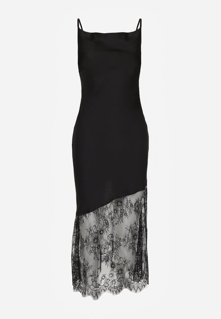 Czarna Koktajlowa Sukienka z Satyny Ozdobiona Koronką Palinca