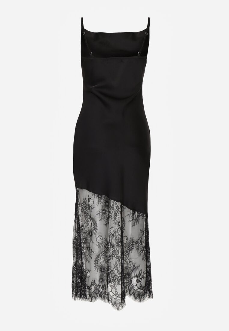 Czarna Koktajlowa Sukienka z Satyny Ozdobiona Koronką Palinca