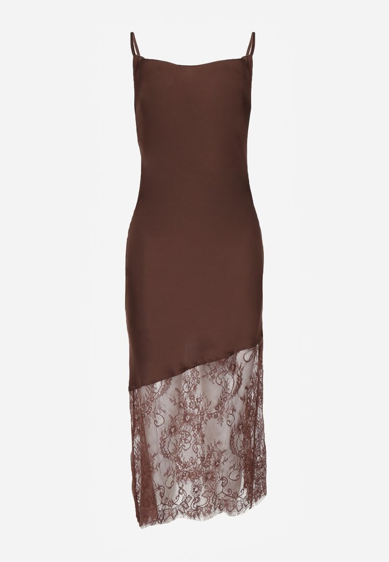 Brązowa Koktajlowa Sukienka z Satyny Ozdobiona Koronką Palinca