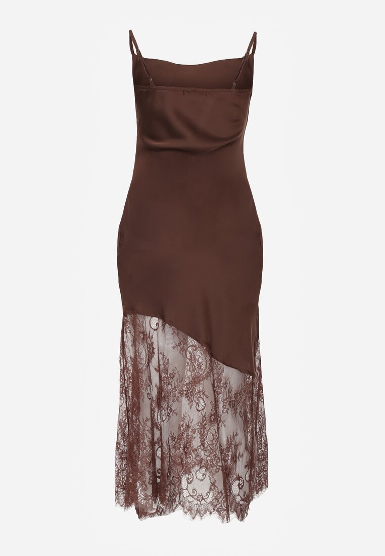 Brązowa Koktajlowa Sukienka z Satyny Ozdobiona Koronką Palinca