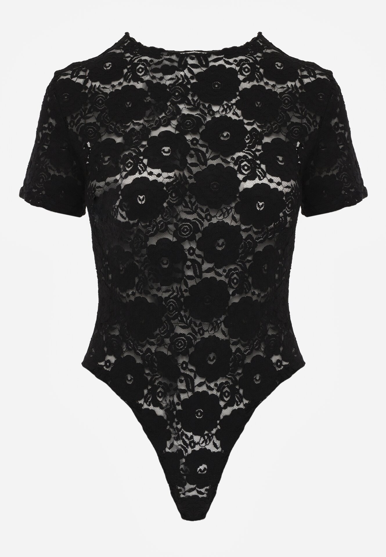 Czarne Koronkowe Body z Krótkim Rękawem Moanelli