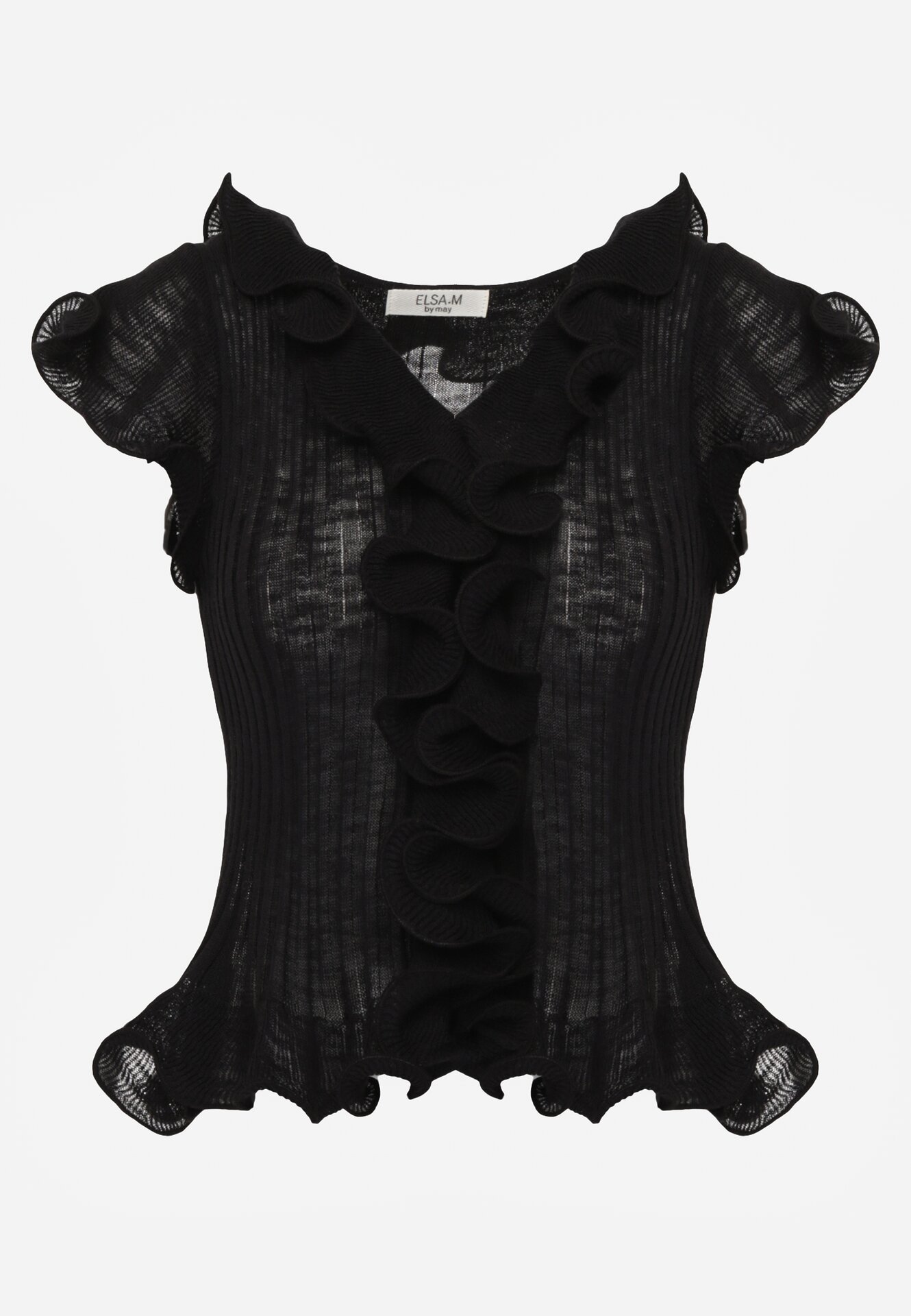 Czarna Prążkowana Bluzka z Wiskozą Ozdobiona Falbanami Delestra