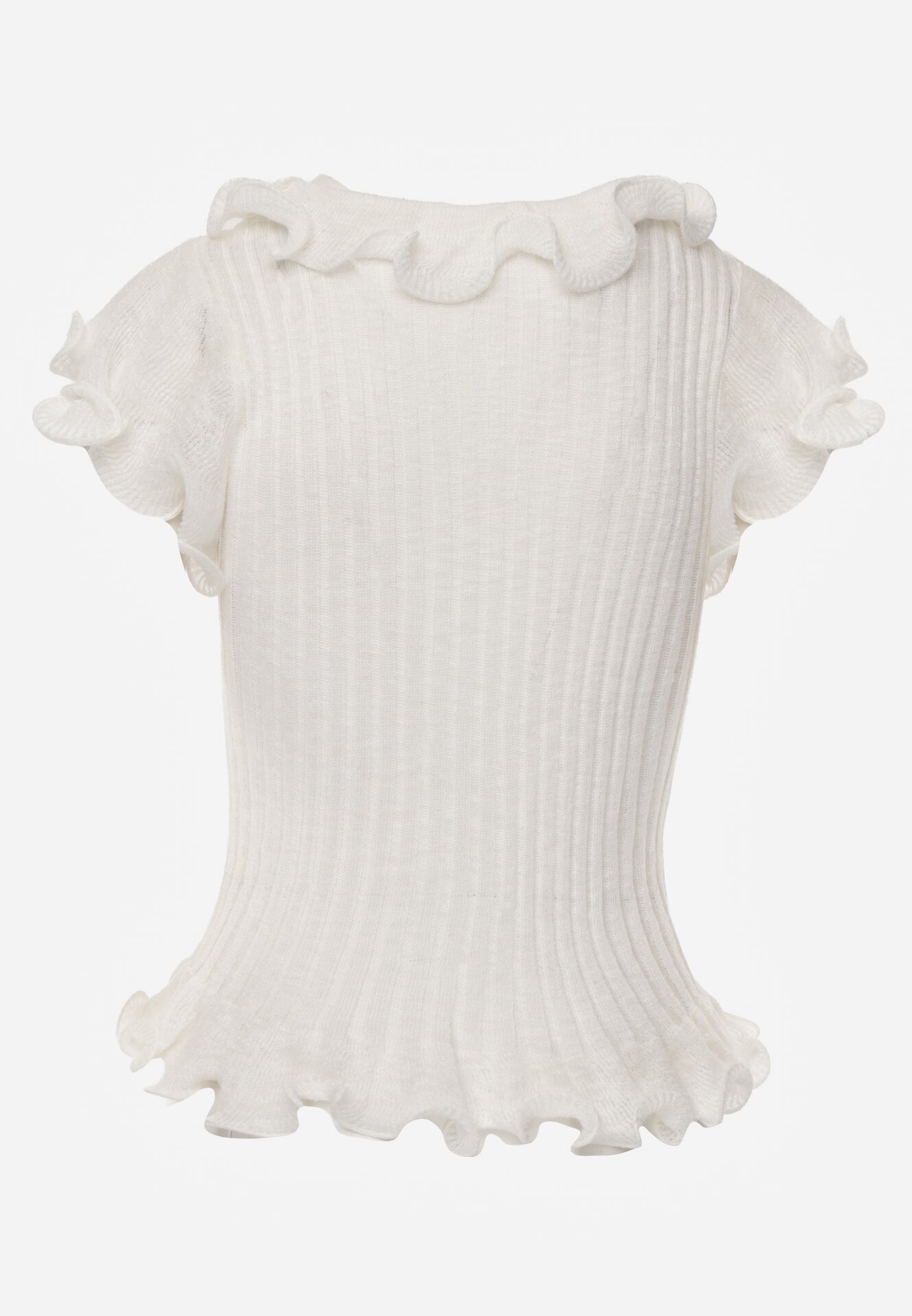 Biała Prążkowana Bluzka z Wiskozą Ozdobiona Falbanami Delestra