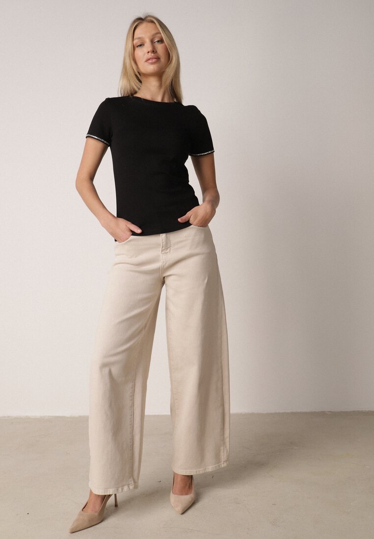 Czarny Bawełniany T-shirt z Cyrkoniami przy Rękawach Pronolea