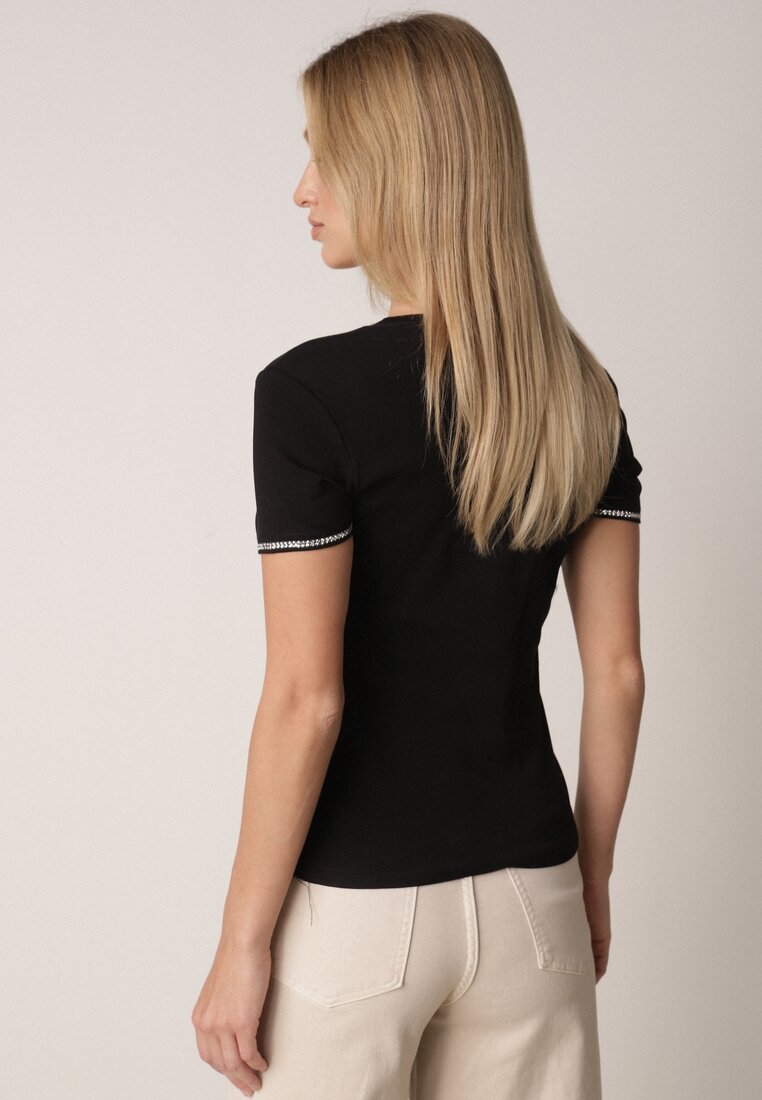 Czarny Bawełniany T-shirt z Cyrkoniami przy Rękawach Pronolea