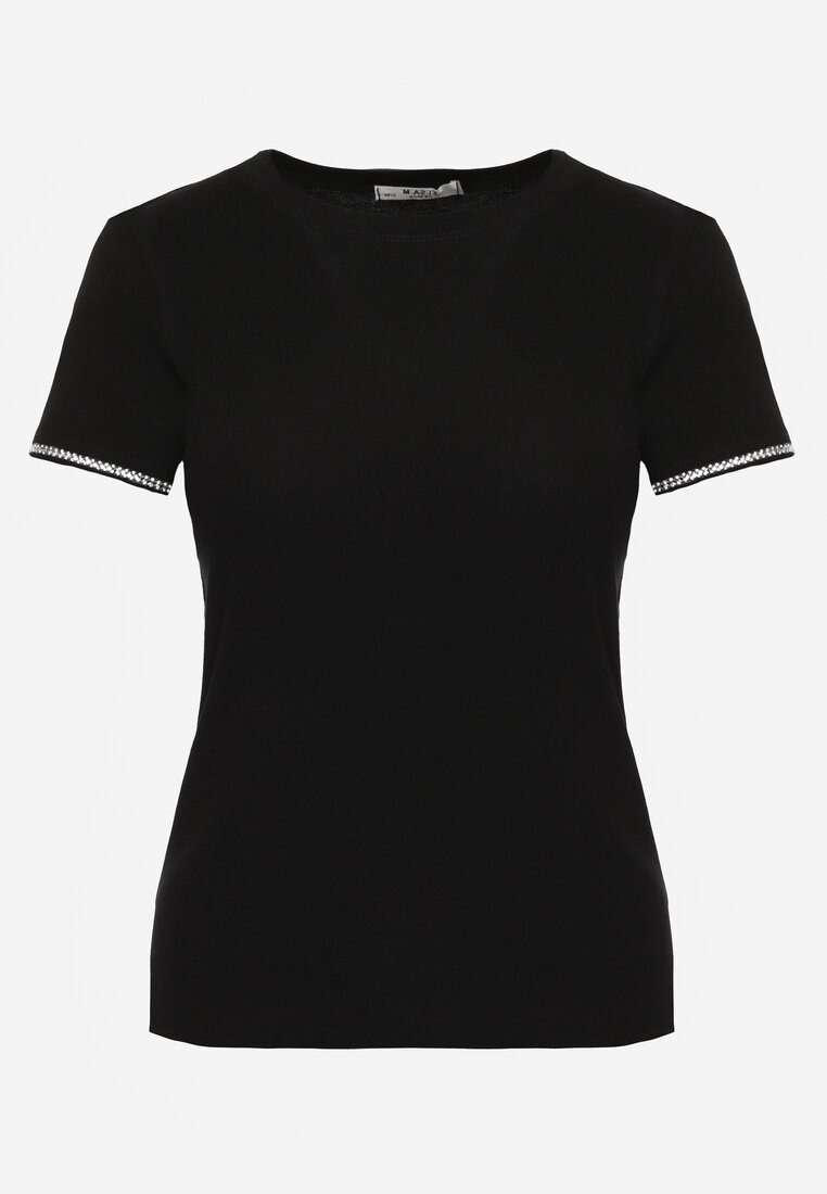 Czarny Bawełniany T-shirt z Cyrkoniami przy Rękawach Pronolea