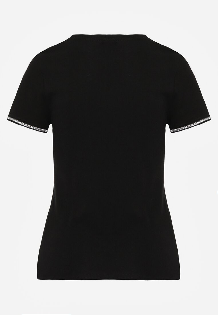 Czarny Bawełniany T-shirt z Cyrkoniami przy Rękawach Pronolea