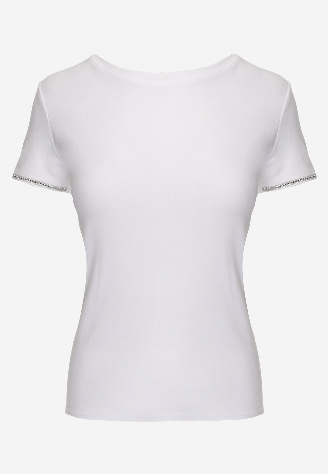 Biały Bawełniany T-shirt z Cyrkoniami przy Rękawach Pronolea