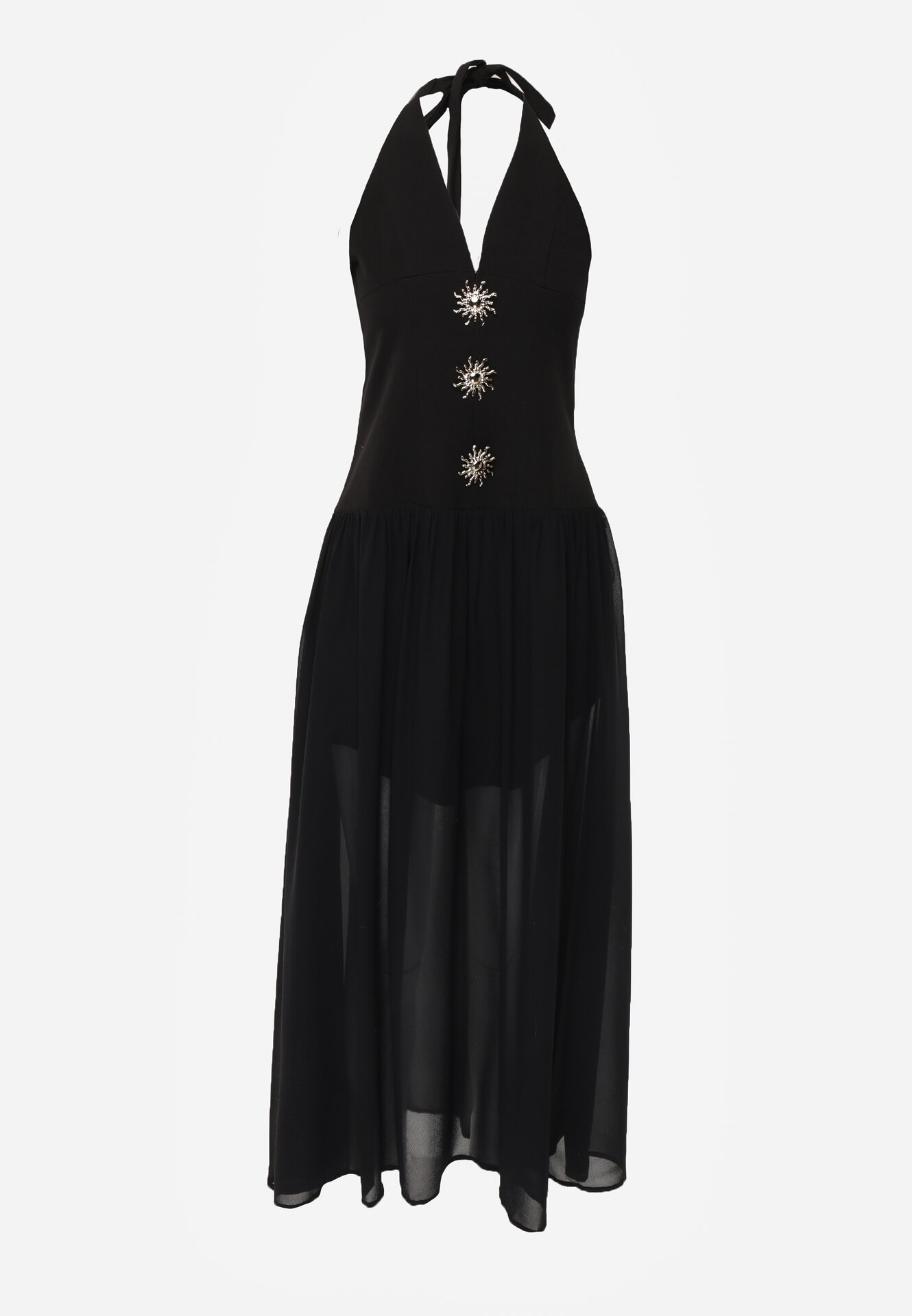 Czarna Sukienka z Wiązanym Dekoltem Typu Halter i Biżuteryjnymi Guzikami Raena