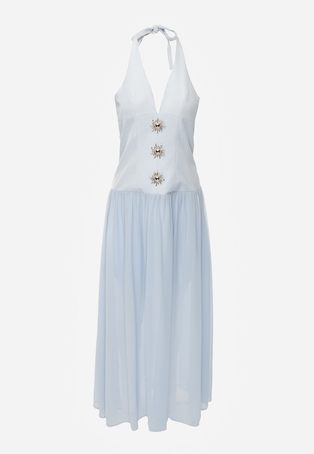 Niebieska Sukienka z Wiązanym Dekoltem Typu Halter i Biżuteryjnymi Guzikami Raena