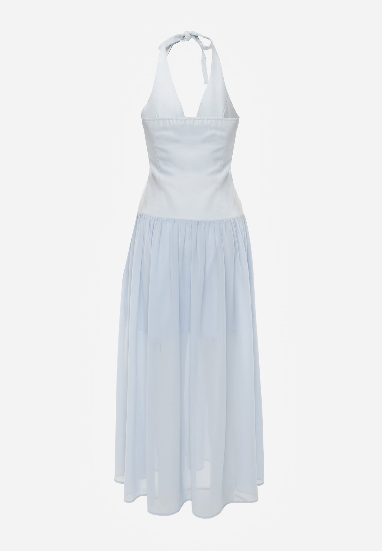 Niebieska Sukienka z Wiązanym Dekoltem Typu Halter i Biżuteryjnymi Guzikami Raena