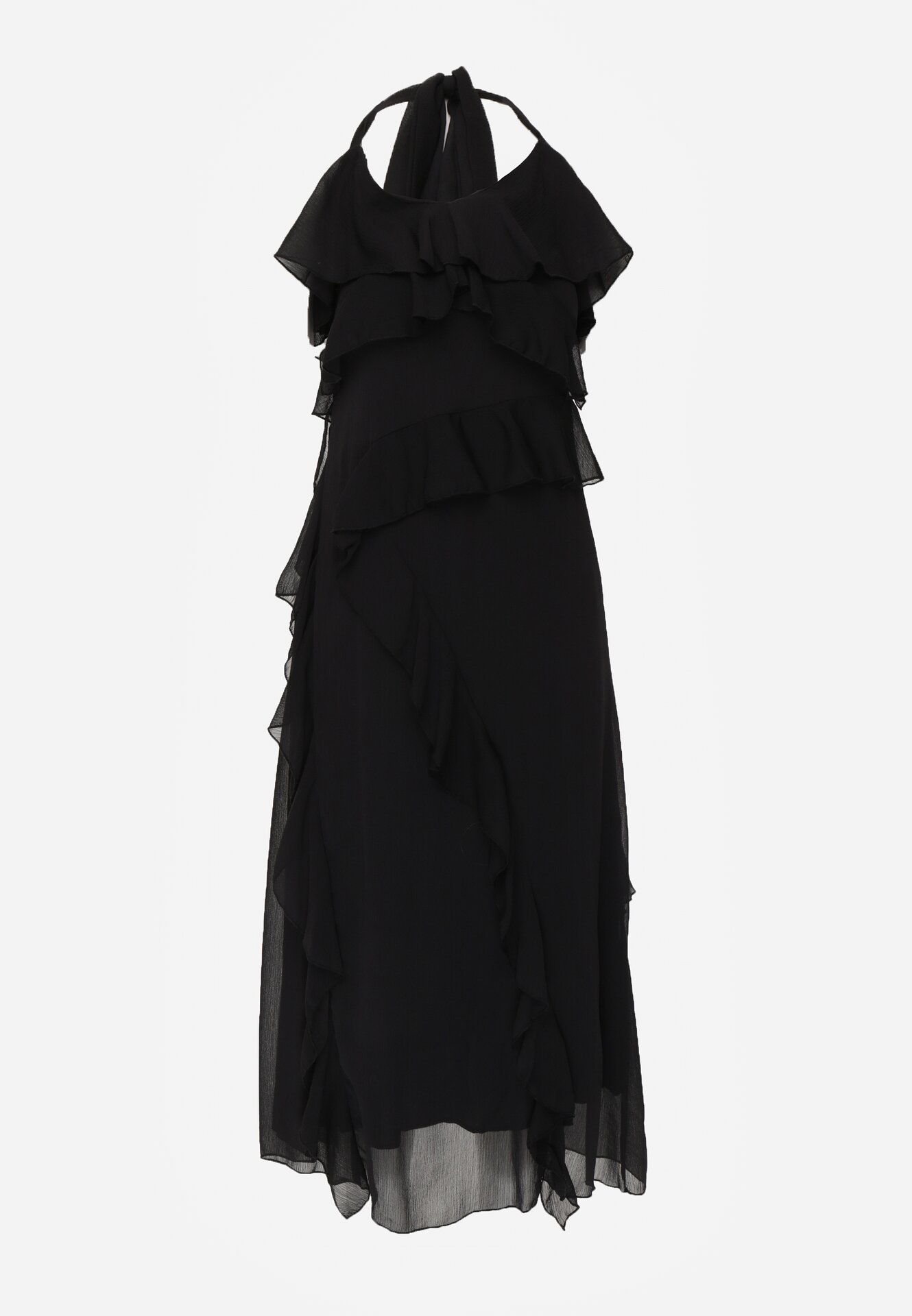 Czarna Koktajlowa Sukienka Taliowana z Falbankami Wiązana na Szyi Demeina