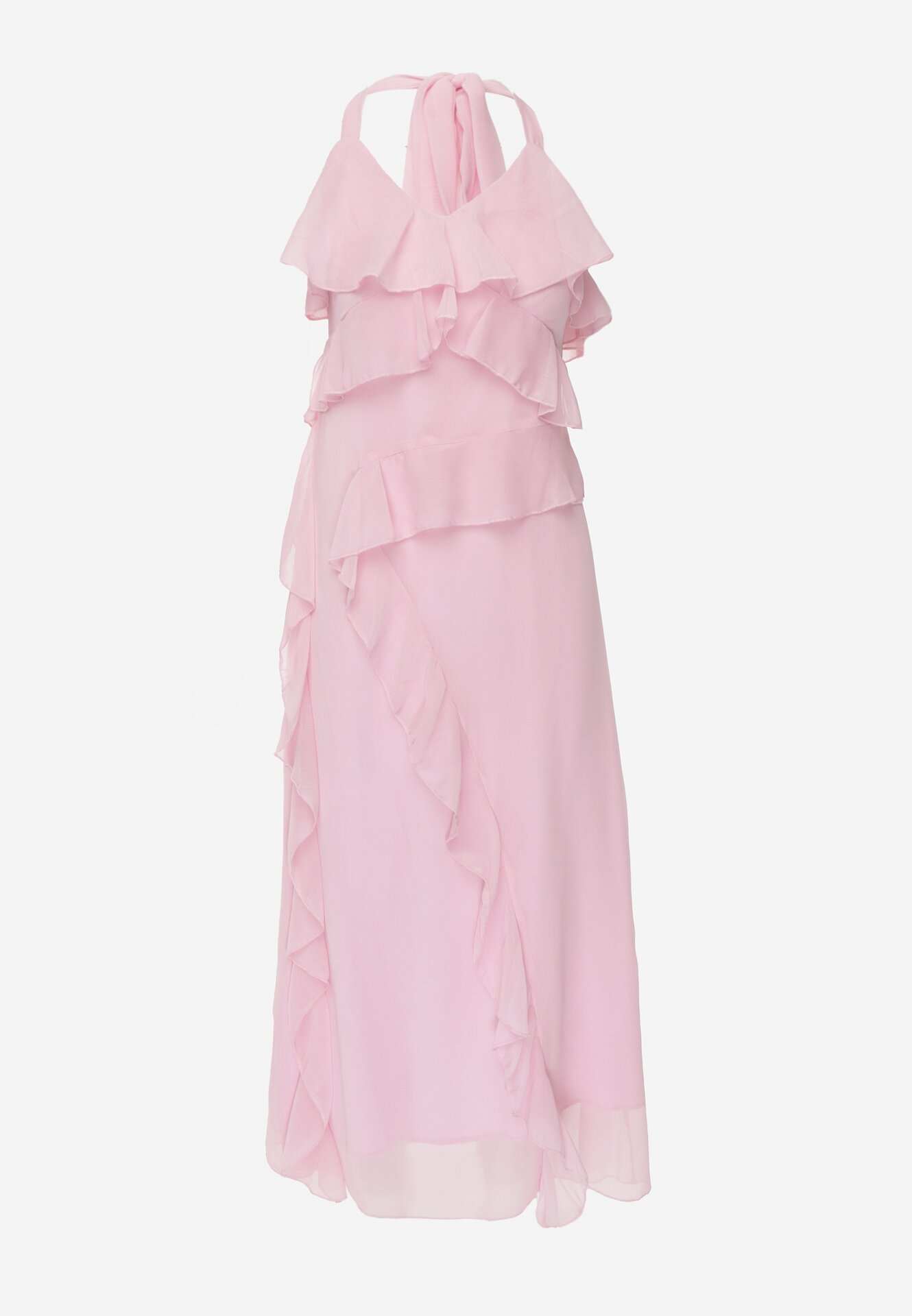 Różowa Koktajlowa Sukienka Taliowana z Falbankami Wiązana na Szyi Demeina