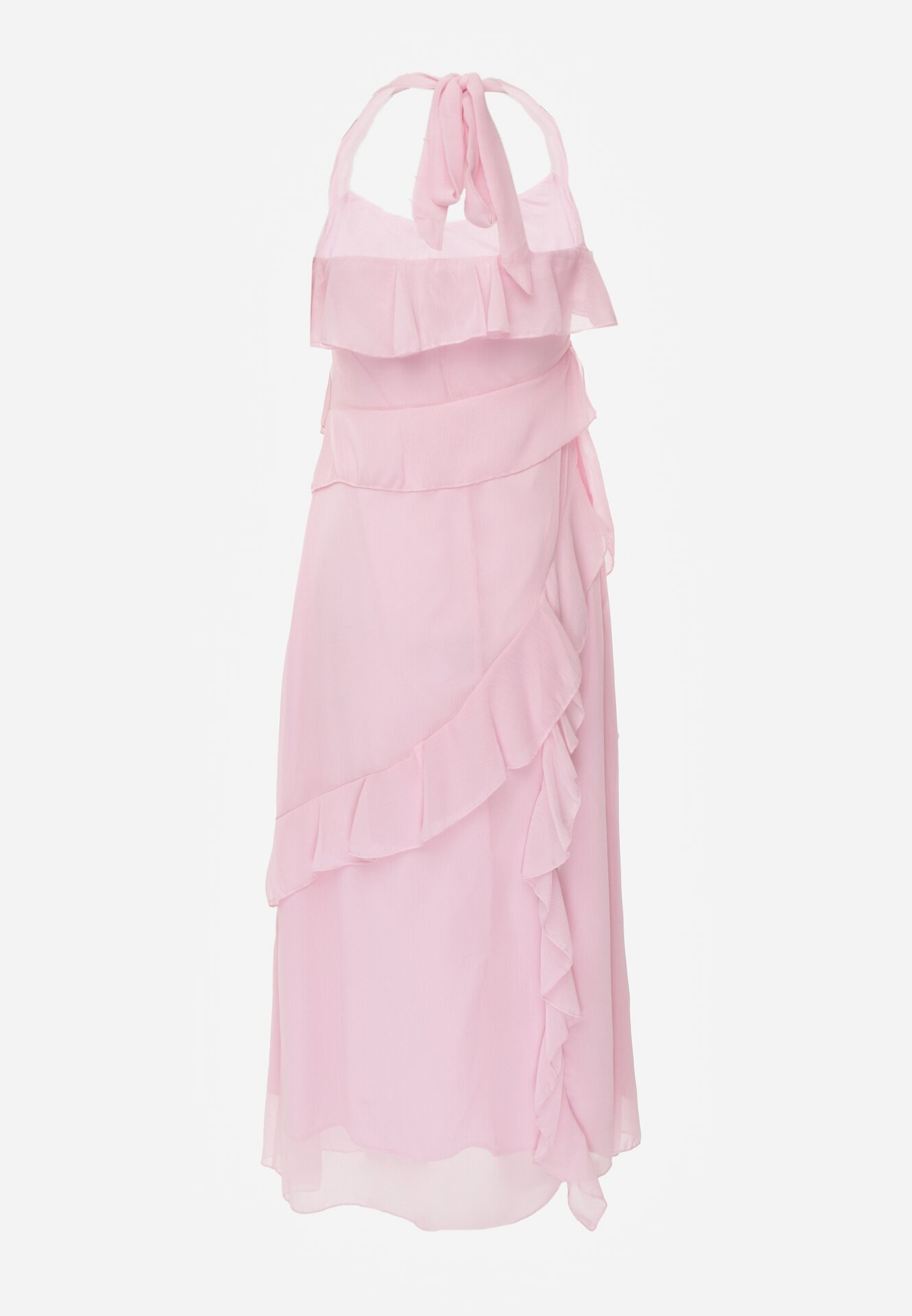 Różowa Koktajlowa Sukienka Taliowana z Falbankami Wiązana na Szyi Demeina