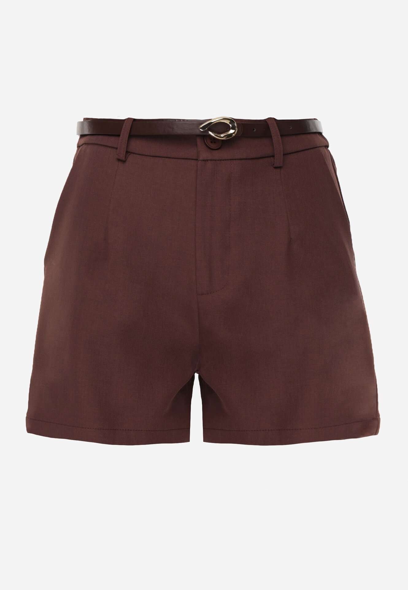 Brązowe Eleganckie Szorty z Wysokim Stanem i Wąskim Paskiem z Klamrą Rissarah