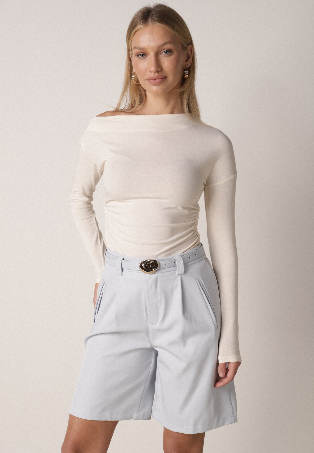 Niebieskie Szorty z Wysokim Stanem Bermudy z Paskiem Haidis