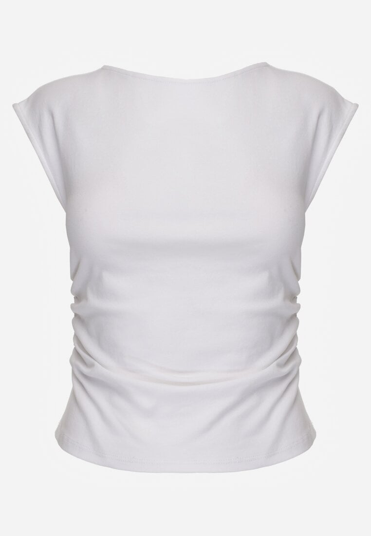 Biała Bluzka z Elastycznego Materiału z Dekoltem Łódką Megaris