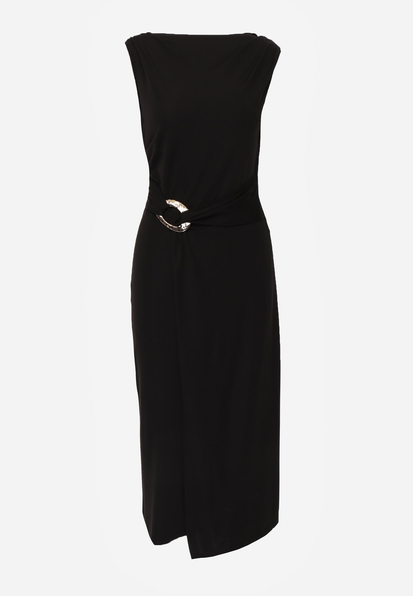 Czarna Wizytowa Sukienka Taliowana z Metaliczną Ozdobą Aroos