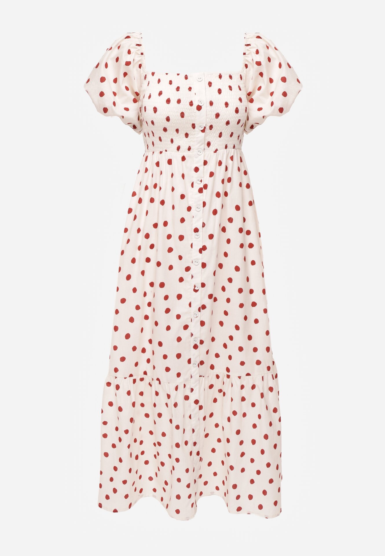 Beżowa Sukienka Bawełniana o Rozkloszowanym Kroju z Bufiastymi Rękawami w Groszki Lorairian