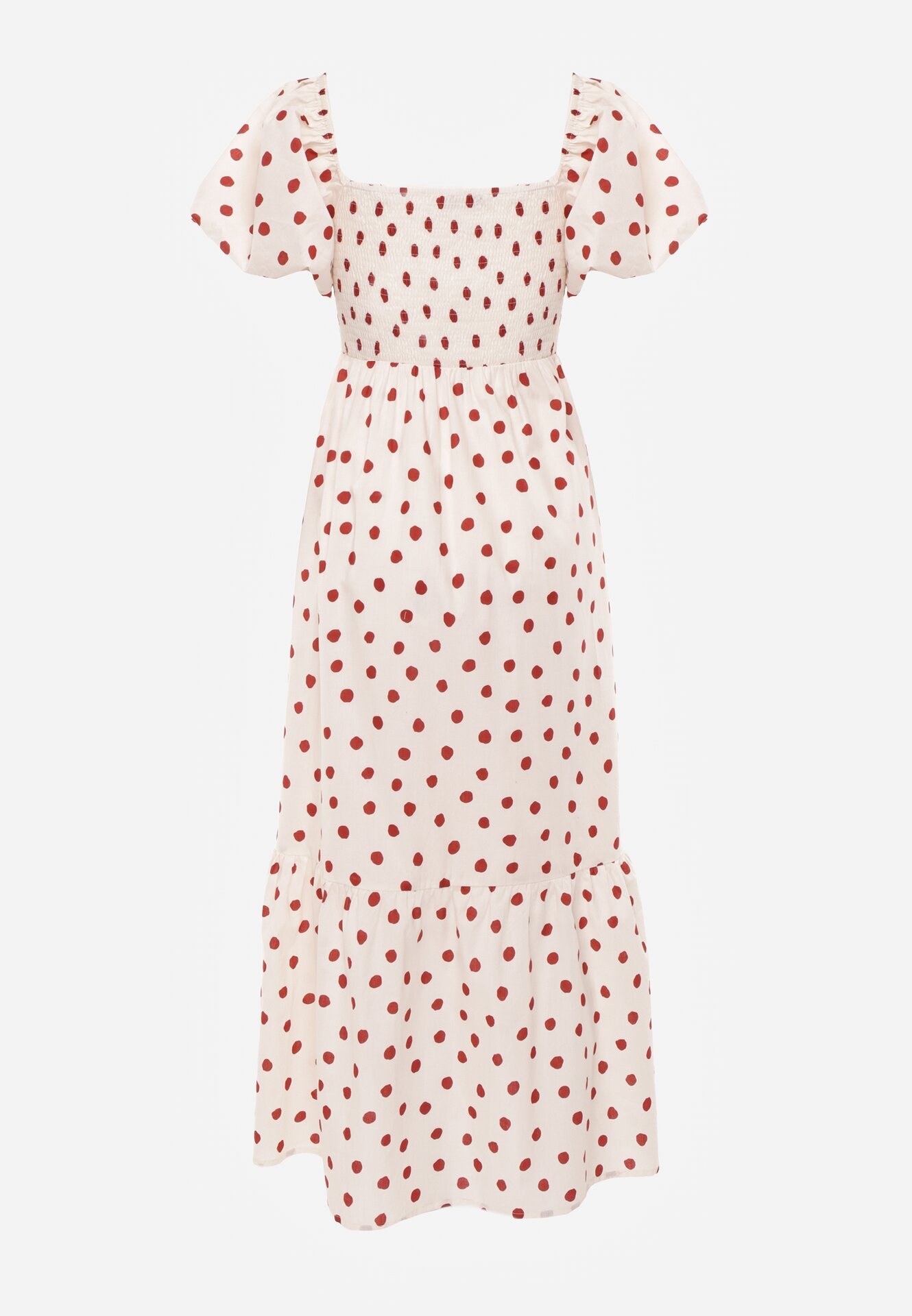 Beżowa Sukienka Bawełniana o Rozkloszowanym Kroju z Bufiastymi Rękawami w Groszki Lorairian